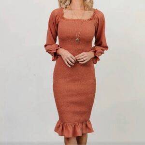 Baltic born Esther long sleeve smocked ruffle dress 2x terracotta
